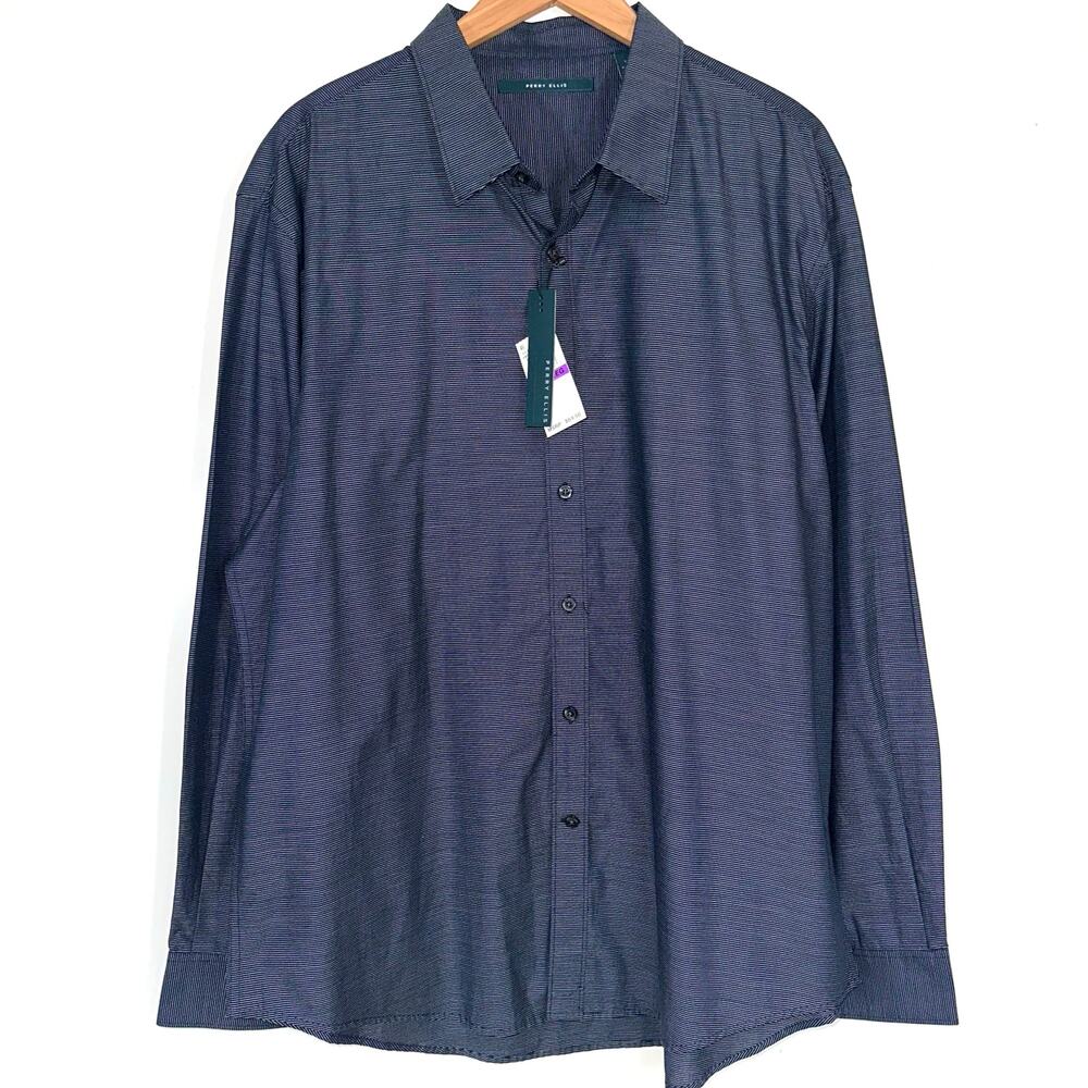 NWT Perry Ellis Principles Dark Sapphire Blue Stripe Button Up Dress Shirt XXL